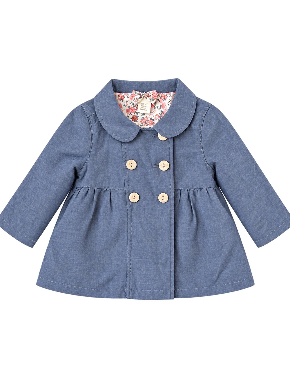 H&M Baby Girl Blue Chambray Double Breasted Coat 9-12M Floral Lining